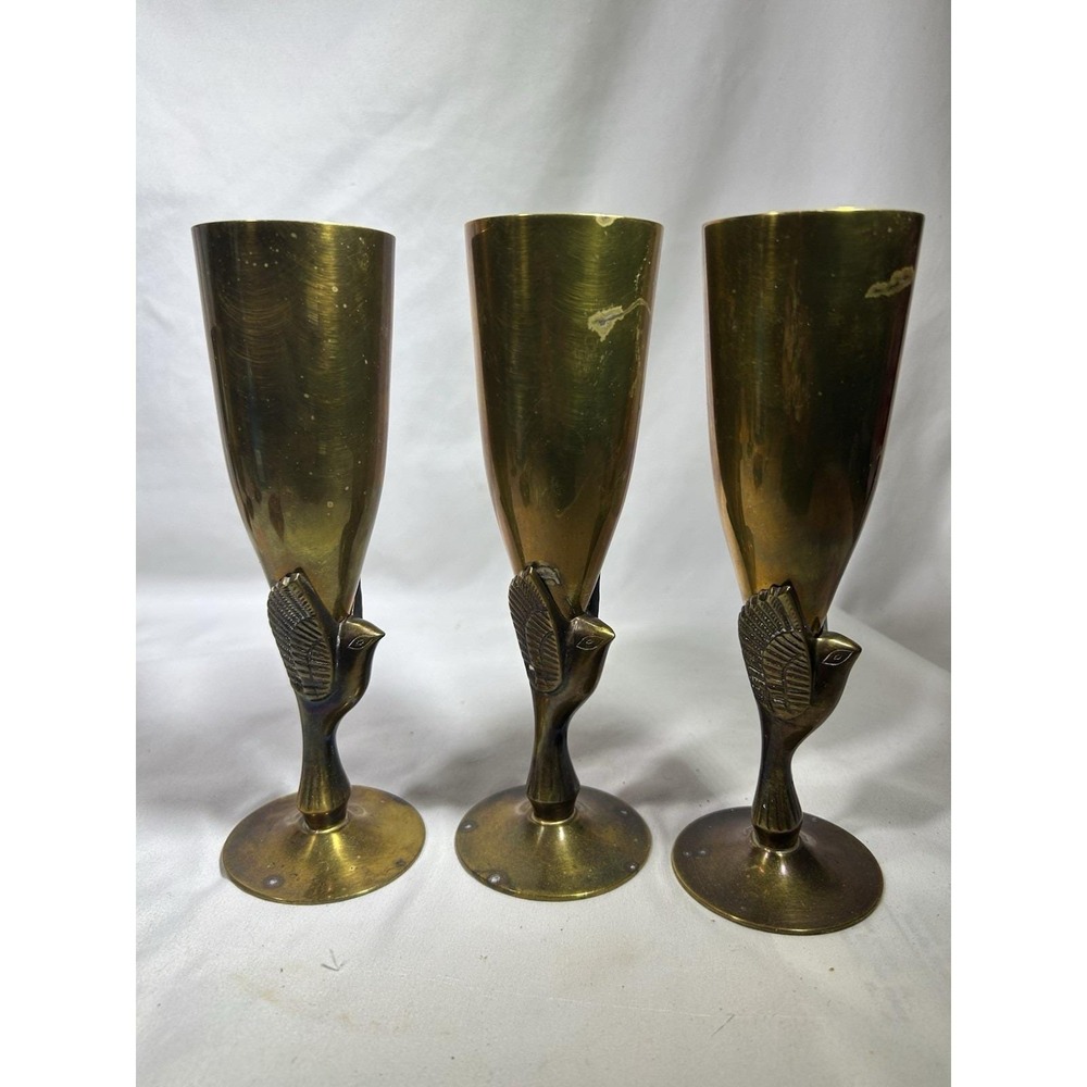 Vintage Godinger Silver Plate Brass Champagne Flutes w/ Birds Phoenix Set Of 3